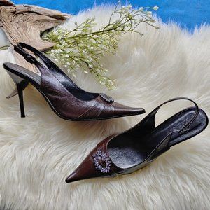Ilasio Renzoni Dark Brown Leather Rhinestone Pointed-Toe Slingback Pumps